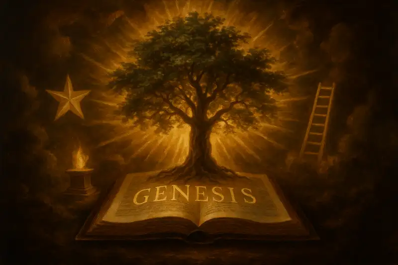 Baroque-style wide painting of a glowing Tree of Life rising from an open Bible with the word GENESIS, surrounded by golden symbols of covenant—a star, altar, and ladder to heaven—radiating divine light.