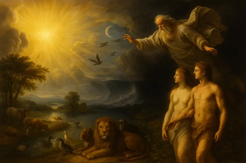 A Baroque-style widescreen painting of the Seven Days of Creation, showing Adam and Eve in a lush paradise with animals, golden light breaking through darkness, symbolizing dignity, stewardship, and divine order.