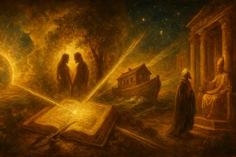 Baroque-style panoramic painting showing symbolic Genesis scenes: creation light, two human silhouettes in a garden, Noah’s ark on waters, a man gazing at stars, and an Egyptian palace, all connected by golden rays.