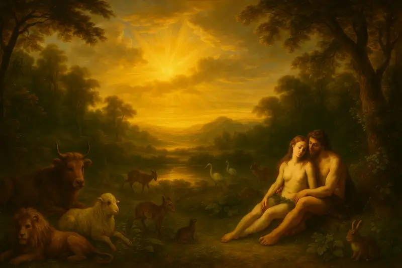 A Baroque-style widescreen painting of the Seven Days of Creation, showing Adam and Eve in a lush paradise with animals, bathed in golden light symbolizing dignity, stewardship, and divine order.