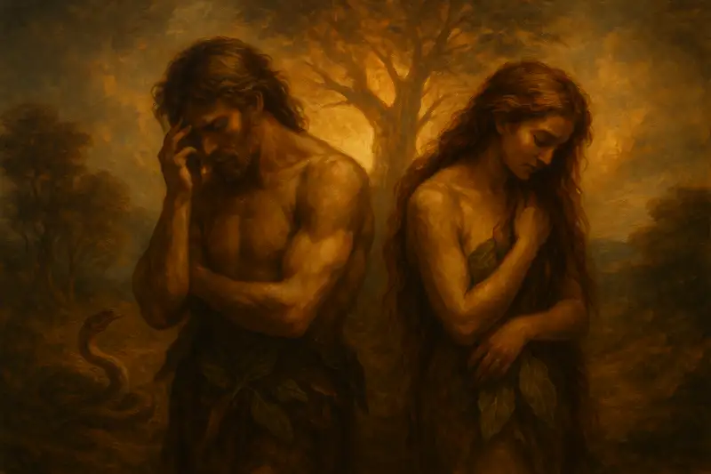 Widescreen painting of The Fall of Man – Adam and Eve in sorrow, serpent lurking, Tree of Knowledge glowing in the background.