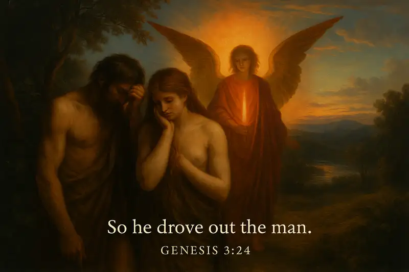 Widescreen painting of The Fall of Man – Adam and Eve leaving Eden in sorrow, guarded by an angel with a flaming sword.