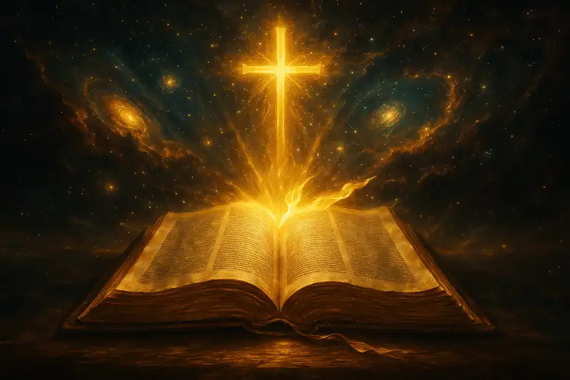 The King James Version Book of Genesis - Open Bible glowing with golden light under a radiant cross, cosmic galaxies in the background, baroque-inspired wide illustration.
