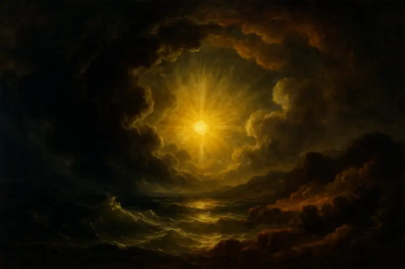 A Baroque-style widescreen painting of the Seven Days of Creation, symbolizing creation ex nihilo with golden light breaking through darkness, separating waters and forming land.