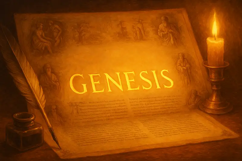 Illuminated manuscript page with the word GENESIS glowing in golden letters, quill and inkwell beside it, candlelight, baroque-style warm tones.
