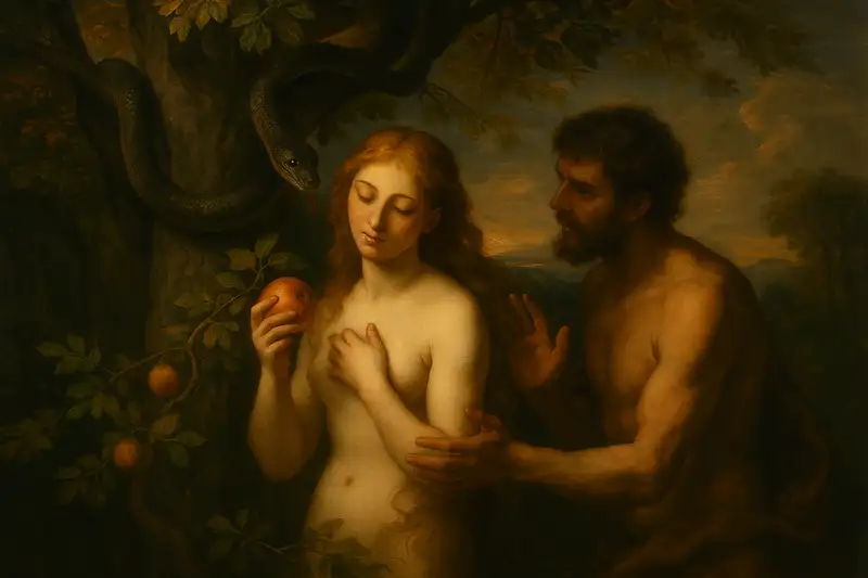 Widescreen painting of The Fall of Man – Adam and Eve at the Tree of Knowledge, serpent offering fruit, dramatic shadows and light.