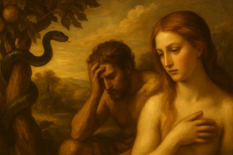 painting of The Fall of Man – Adam and Eve in sorrow, serpent coiled on the Tree of Knowledge, symbolizing temptation and sin.