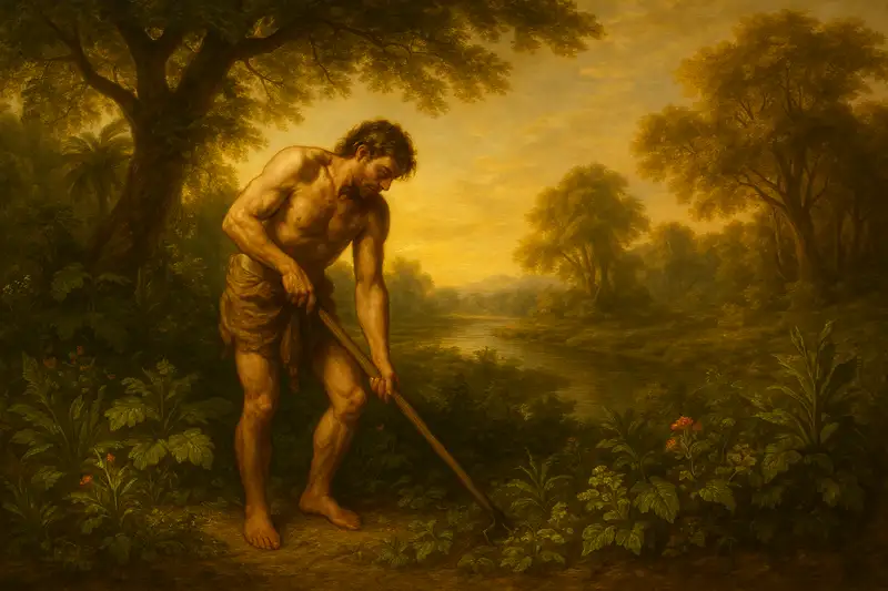 Genesis 2 KJV – Baroque-realistic wide painting of Adam tending the Garden of Eden, surrounded by trees, river, and golden light, symbolizing sacred stewardship.
