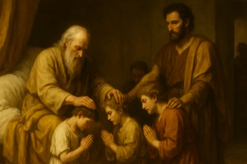 Wide panoramic painting of Genesis 48, showing Jacob crossing his hands to bless Ephraim and Manasseh while Joseph watches, symbolizing covenant blessing and God’s sovereign choice