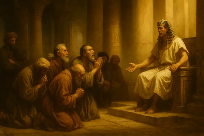 Wide panoramic painting of Genesis 42, showing Joseph seated in Egyptian splendor as his brothers kneel before him, symbolizing fulfillment of dreams and God’s providence.