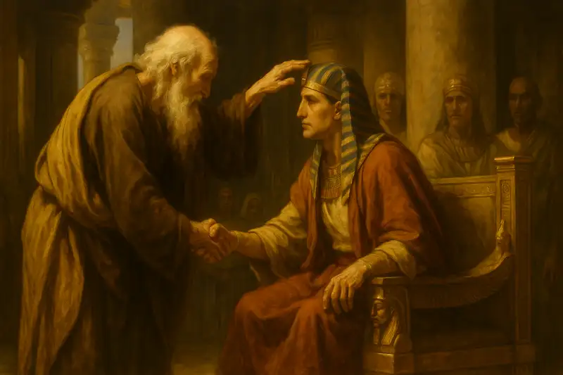 Wide panoramic painting of Genesis 47, showing Jacob blessing Pharaoh in a golden Egyptian palace, symbolizing covenant faith and divine providence.