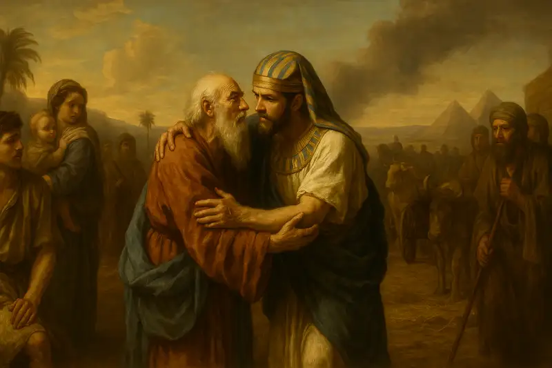 Wide panoramic painting of Genesis 46, showing Jacob embracing Joseph as the family caravan arrives in Egypt with pyramids in the background, symbolizing covenant promise and preservation.