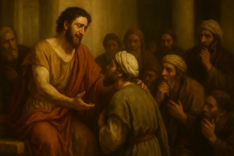Wide panoramic painting of Genesis 45, showing Joseph tearfully revealing himself to his brothers in a grand hall, symbolizing forgiveness, reconciliation, and divine providence.