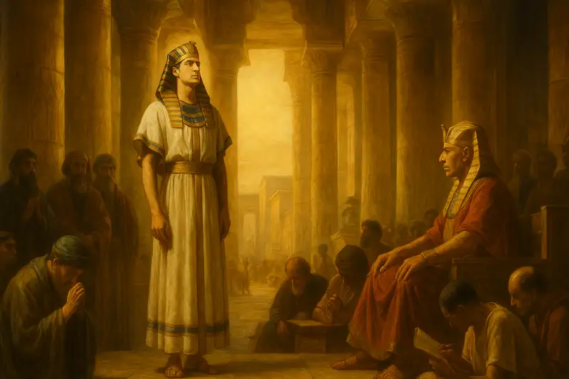 Panoramic painting of Joseph in Egypt, showing Joseph in fine garments standing before Pharaoh in a golden-lit hall, symbolizing his rise from slavery to power.