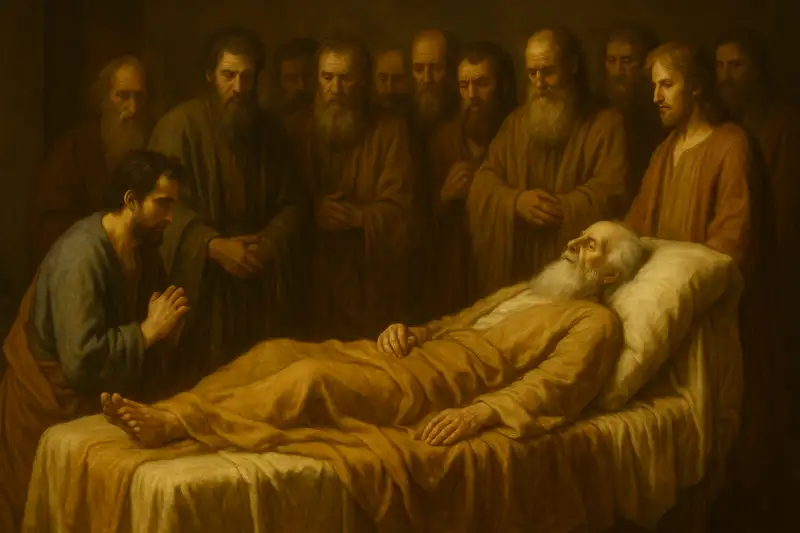 Wide panoramic painting of Genesis 50, showing Joseph at the final farewell in Egypt as his family prepares his burial, symbolizing covenant faith, hope, and God’s enduring promise.