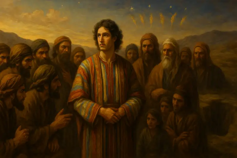 Wide panoramic painting of Genesis 37, showing Joseph in his colorful coat surrounded by jealous brothers, with dreamlike stars and sheaves above, symbolizing betrayal and God’s providence.