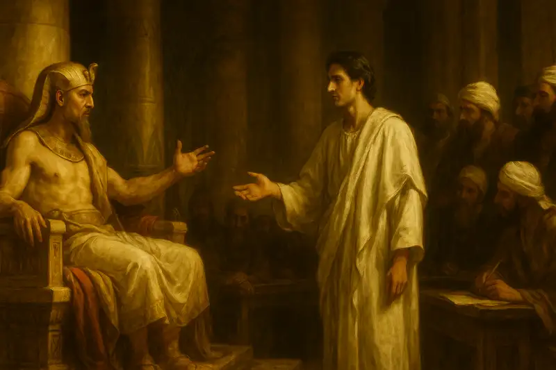 Wide panoramic painting of Genesis 41, showing Joseph interpreting Pharaoh’s dreams in a grand Egyptian palace, symbolizing divine wisdom and God’s providence.