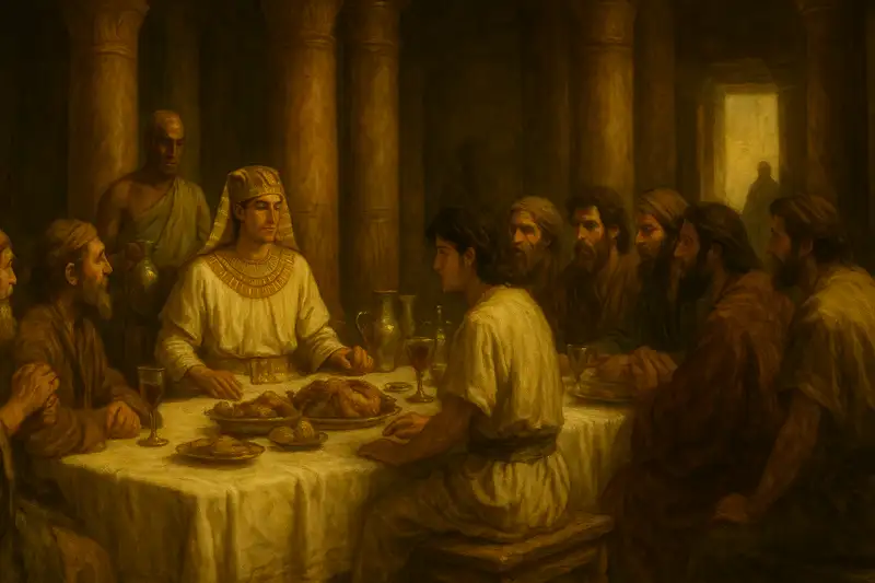 Wide panoramic painting of Genesis 43, showing Joseph hosting a feast in Egypt as Benjamin receives a larger portion, symbolizing hidden mercy and testing of his brothers.