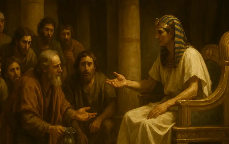 Wide panoramic painting of Genesis 44, showing Joseph’s brothers pleading before him as the silver cup is revealed, symbolizing guilt, testing, and sacrificial love.